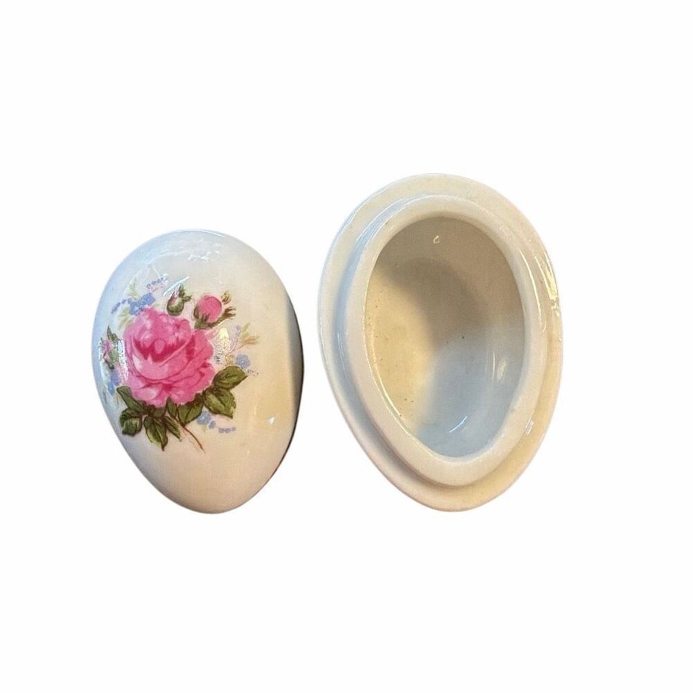 Vintage shackman made in Japan Ceramic Egg Trinket Box Rose lid Dish 1-1/2” x 2”